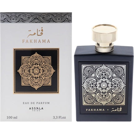 Parfum Asala Fakhama, Eau de Parfum unisex, 3.3 oz, sticlă neagră cu design argintiu