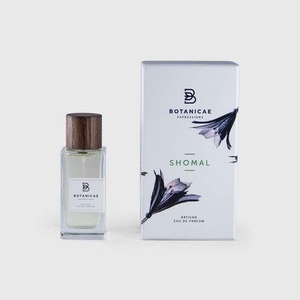 Eau de Parfum Botanicae Shomal, flacon sticlă transparentă, dop lemn maro, 3.4 oz