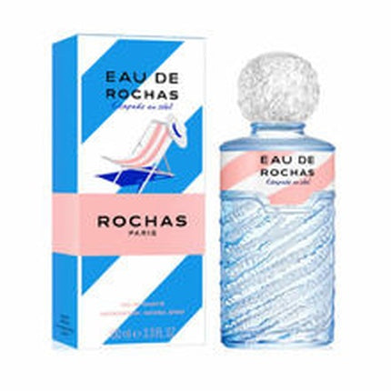 Rochas Eau de Rochas Escapade au Soleil EDT, 100 ml, flacon transparent cu capac sferic, design dungi albastre și roz