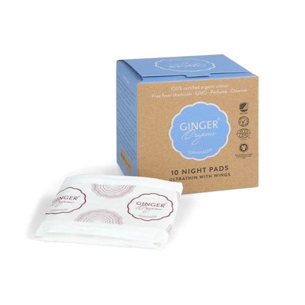 Ginger Organic Night Pads, Brand Ginger Organic, 10 buc, cu aripi, hârtie organică