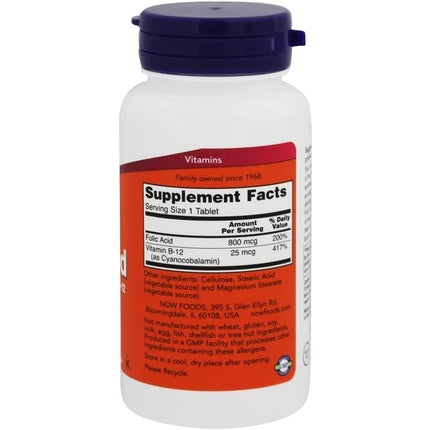 Supliment Alimentar, Now Foods, Acid Folic cu Vitamina B-12 800mcg, 250 Tablete