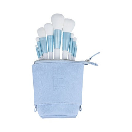 Set pensule machiaj, Ilu, 9 piese, cu husă, albastru