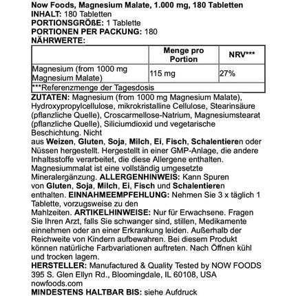 Supliment alimentar, Now Foods, Magnesium Malate 1000mg, 180 tablete