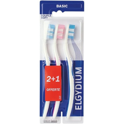 Periuță de dinți Elgydium Basic Soft, set 3 buc (alb/roz/albastru)