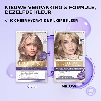 Vopsea de păr, L'Oréal Paris, Excellence Cool Cream 8.11, Blond Ultra Cenușiu