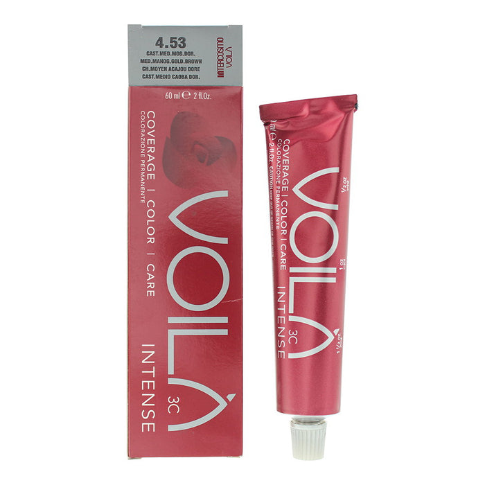 Vopsea permanentă de păr Intercosmo Voila 3C Intense, nuanța 4.53 Medium Mahogany Golden Brown, 60 ml