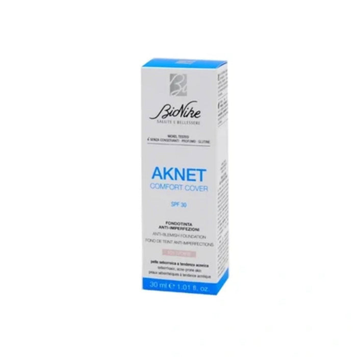Fond de ten lichid BioNike Aknet Comfort Cover, anti-imperfecțiuni, matifiant și cu acoperire, nuanța 101 Ivoire, SPF 30, 30 ml