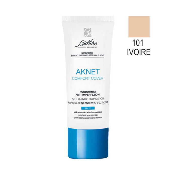 Fond de ten lichid BioNike Aknet Comfort Cover, anti-imperfecțiuni, matifiant și cu acoperire, nuanța 101 Ivoire, SPF 30, 30 ml