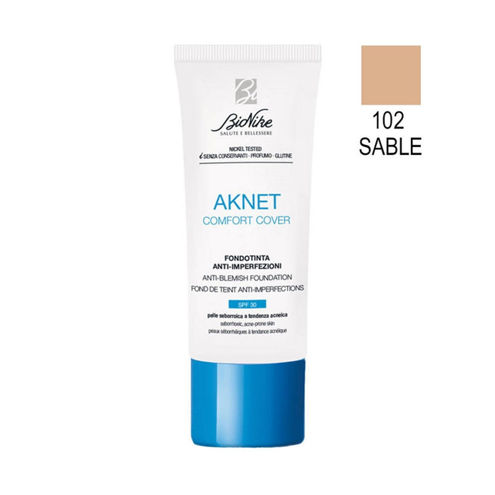 Fond de ten lichid BioNike Aknet Comfort Cover, matifiant și cu acoperire, nuanța 102 Sable, SPF 30, 30 ml