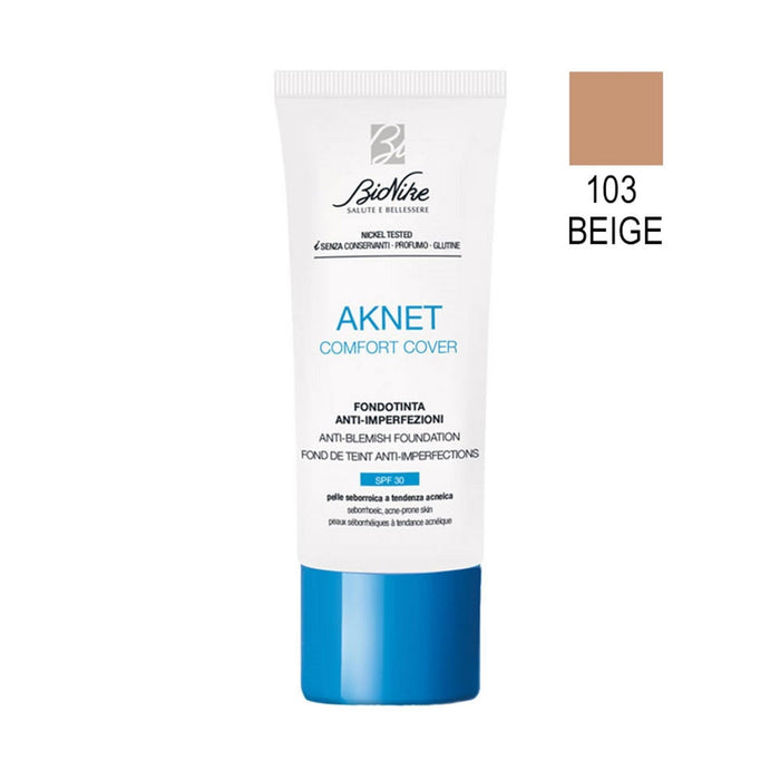 Fond de ten lichid BioNike Aknet Comfort Cover, anti-imperfecțiuni, nuanța 103 Bej, SPF 30, 30 ml