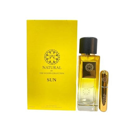 Set Parfum Les Bois - The Woods Natural Sun, Set Cadou, Sticlă Transparentă cu Lichid Auriu, Cutie Galbenă