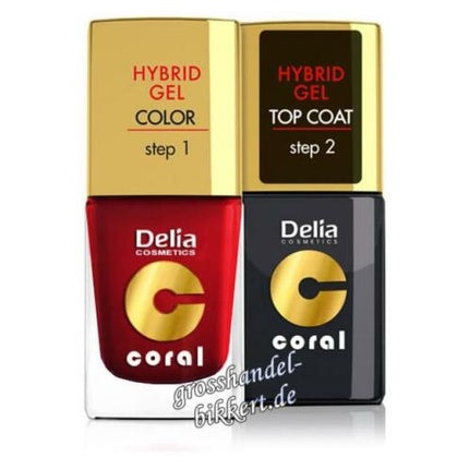 Set Gel Hibrid Delia Cosmetics Coral Hybrid Gel Set 01, 2 bucăți (1x 5ml Color, 1x 5ml Top Coat), Roșu / Negru