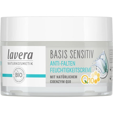 Cremă de zi Lavera Basis Sensitiv Q10 Anti-Riduri, 50ml, Alb cu Acvamarin