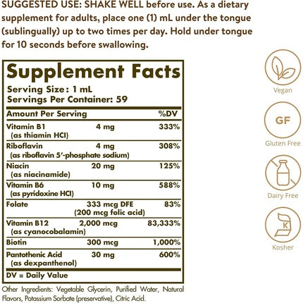 Supliment Alimentar Solgar, Liquid B-12 2000 mcg cu Complex B