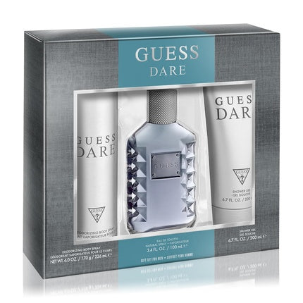 Set Parfum Bărbați GUESS Dare EDT 100ml + Deodorant 200ml + Body Spray 226ml, Sticlă argintie, design cu colțuri