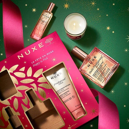 Set Cadou Nuxe Happy in Pink, cutie cu parfum, ulei de corp și lumânare