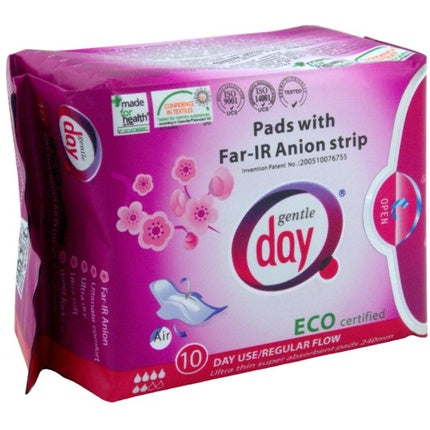 Tampoane Sanitare Gentle Day cu Bandă Anion Far-IR, Eco Certified, Roz, 10 buc
