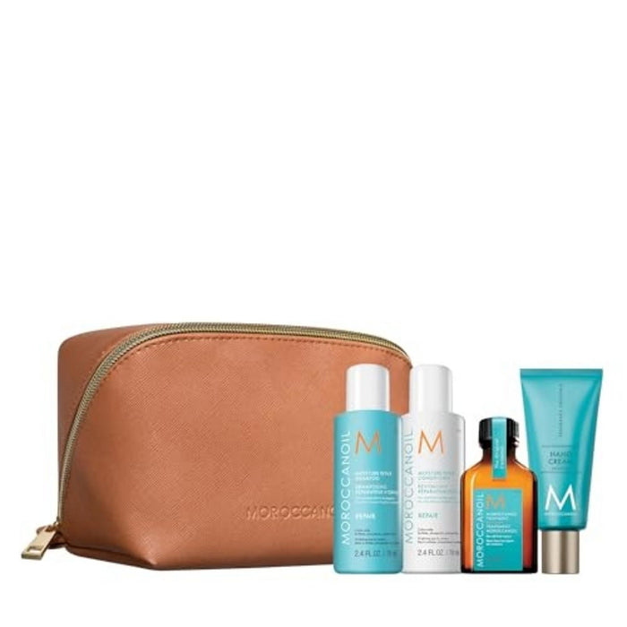 Set Moroccanoil Repair + Hydration, șampon 70 ml + balsam 70 ml + tratament cu ulei 25 ml + cremă de mâini