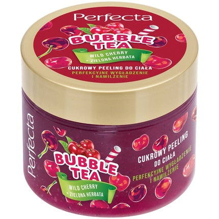 Scrub corporal Perfecta Bubble Tea Wild Cherry, 300g, ambalaj roșu cu capac auriu
