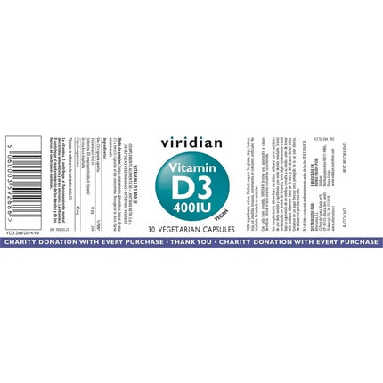 Vitamine, Viridian, D3 400iu, vegetarian, 30 capsule