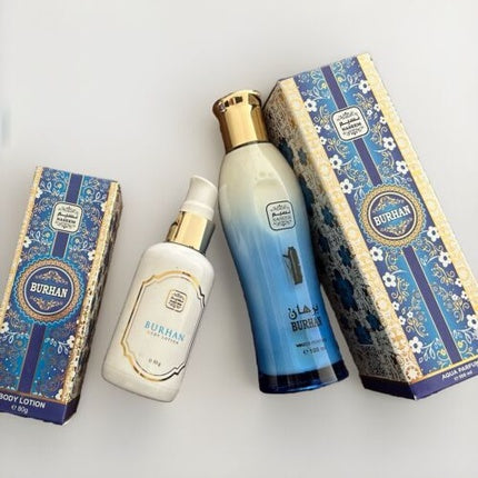 Set Cadou Parfum Naseem Burhan, 2 buc (Eau de Parfum, Loțiune corporală, design albastru auriu)