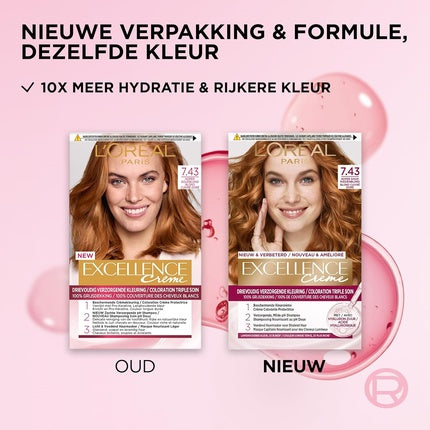 Vopsea de păr, L'Oréal Paris, Excellence No.7.43, Blond auriu cupru