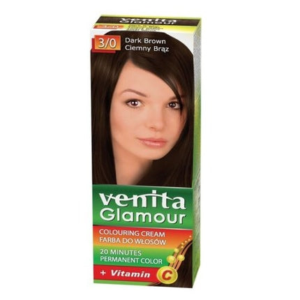 Vopsea de păr Venita Glamour 3/0 Dark Brown, cremă permanentă cu Vitamina C