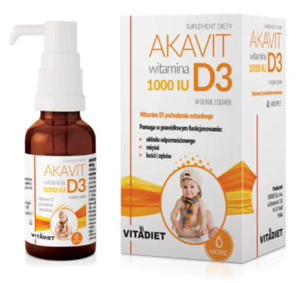Vitadiet Akavit Vitamina D3 1000 IU Drops, Supliment Dietetic, 30ml, Sticlă Amber cu Pompa