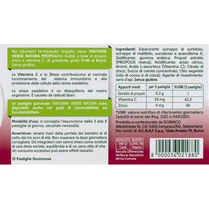 Pastile masticabile, Angelini, Tantum Verde Natura Propolis+C Fructe de Pădure, 15 buc