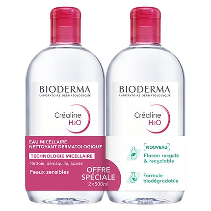 Set Apă Micelară Bioderma Créaline H2O, 2x500ml, pentru piele sensibilă, ambalaj reciclabil