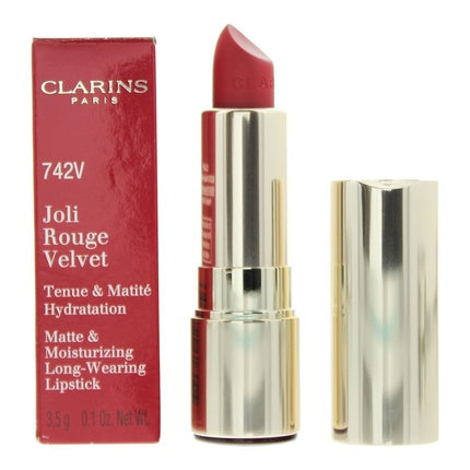 Baton de buze Clarins Joli Rouge Velvet 742v, culoare roșu intens, ambalaj metalic auriu