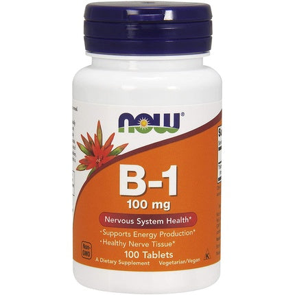 Tablete Vitamina B1 (Tiamină) 100mg, NOW Foods, 100 bucăți, dozator cu capac albastru