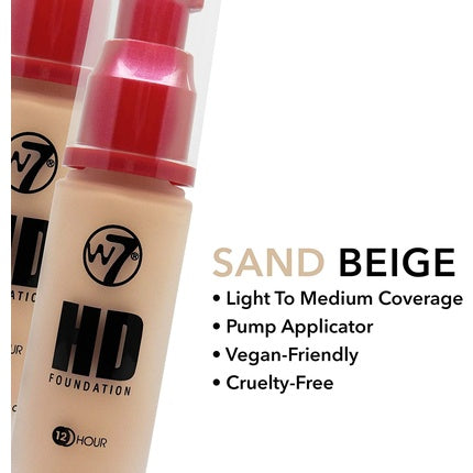 Fond de ten lichid W7 HD, fără ulei, acoperire medie mată, 30ml, culoare Sand Beige
