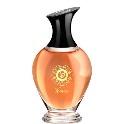 Rochas Femme, Parfum de Toaletă Spray 100ml, sticlă rotundă cu lichid portocaliu și dop negru lucios
