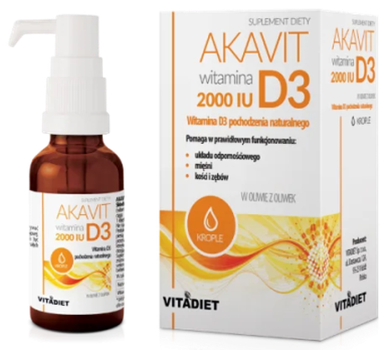Vitadiet Akavit Vitamin D3 2000 IU Drops, Vitamina D3 sub formă de ulei cu picurător, 30ml
