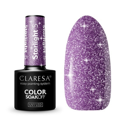 Lac unghii gel hibrid Claresa Starlight 5, violet cu străluciri, 5ml