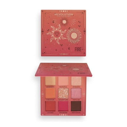 Paletă ochi Makeup Revolution Fire Palette, set de nuanțe calde, design roșu