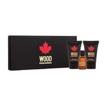 Set Parfum Dsquared2 Wood Pour Homme Mini, 3 piese, cutie neagră cu frunză roșie