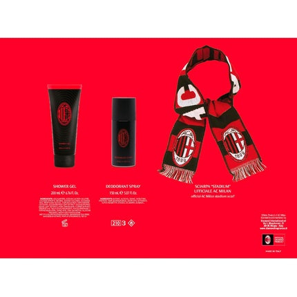 Set cadou A.C. Milan, deodorant 150ml, gel de duș 200ml, eșarfă oficială