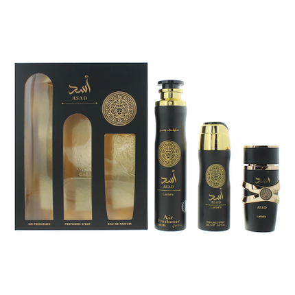 Set Parfum Lattafa Asad, Eau de Parfum 100ml, Air Freshener 300 ml + Perfumed Spray 200ml, Negru
