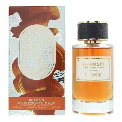 Perfum Volante Khamsin Eau de Parfum Feminin, sticlă cristal transparent cu lichid ambră și capac negru texturat