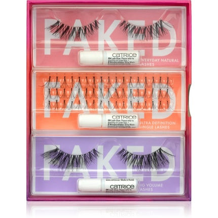 Rimă False Eyelashes, Catrice, Faked False Eyelashes Convenient Packaging, set de 3 tipuri (Everyday Natural, Ultra Definition, Full Volume), ambalaj colorat