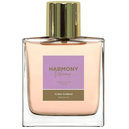 Eau de toilette Melody Harmony Delicious Woman, sticlă transparentă cu lichid roz pal, capac auriu