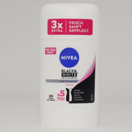 Deodorant Nivea Black & White Invisible Clear, Antiperspirant cu protecție 48h, 50ml