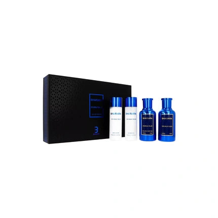 Set Parfum Bărbați Bharara Double Bleu, Apă de Parfum 100ml, Balsam după Ras 100ml, Loțiune Corporală 150ml, Gel de Duș 150ml, Cutie Neagră cu Accente Albastre
