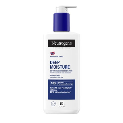 Loțiune de corp Neutrogena Deep Moisture, ambalaj cu pompă, alb-albastru