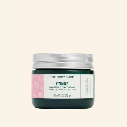 Cremă de zi The Body Shop Vitamin E, 50ml, ambalaj verde cu capac argintiu