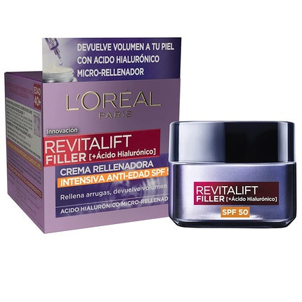 Cremă de zi cu SPF50, L'Oréal Paris Revitalift Filler, Acid Hialuronic, 50ml