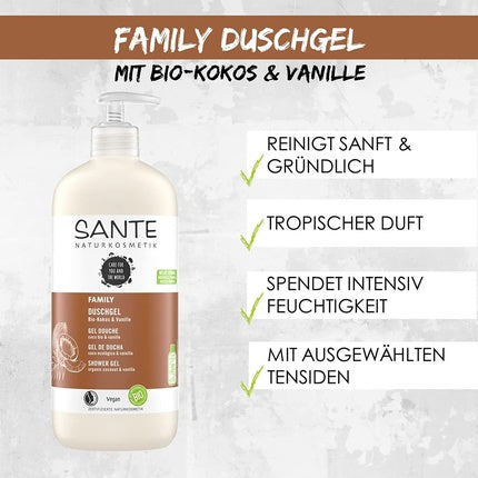 Gel de duș Sante Naturkosmetik Bio Coconut & Vanilla Family Size cu pompă dozatoare, 950ml