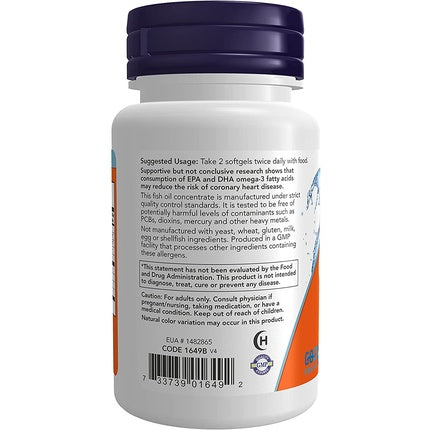Supliment alimentar NOW Foods Omega-3 Molecularly Distilled Fish Oil Softgels, 180 mg EPA, 240 mg DHA